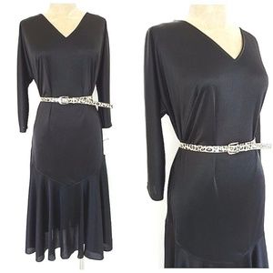 Vintage 80s Sheer Black Flare Hem Dress Medium Modest